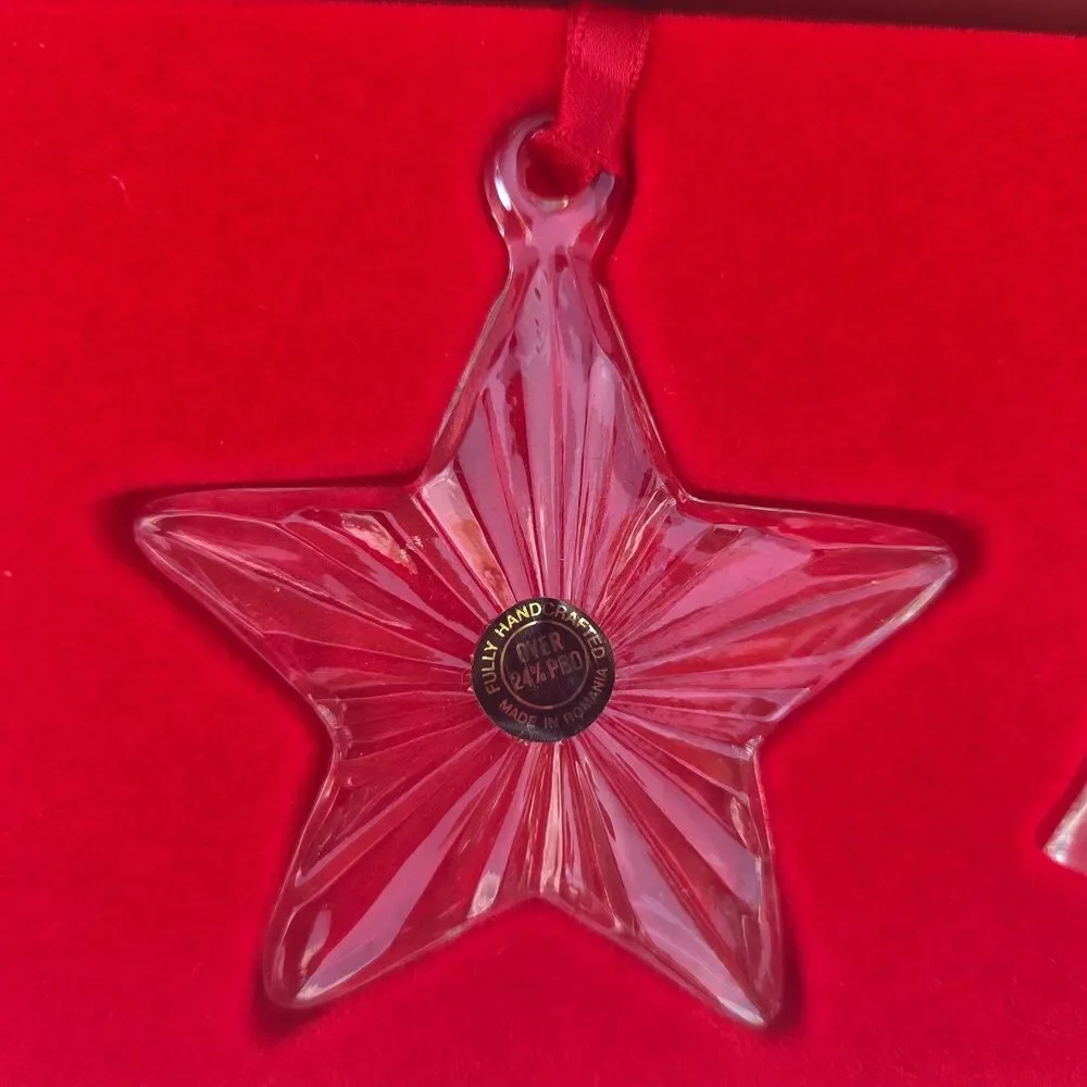 Vintage Fostoria Lead Crystal Christmas Ornaments Heart Star Bell Boxed Set